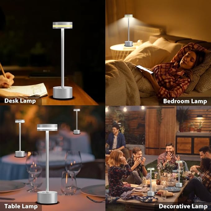 Cordless Metal Desk Lamp,Portable LED Table Lamp with Touch Sensor,3 Color Rechargeable Lamp,3-Levels Brightness Lamp,Night Light for Kids Nursery,Bedside Lamp,Dining Room Lamp (Silver)