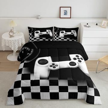 Erosebridal Gaming Alternative Bedding Set for Kids,White Gamepad Design Comforter Set Teenage Boys Room Decor,Buffalo Plaid Check Modern Down Comforter Lightweight Warm,Gamer Decor Duvet Insert Full