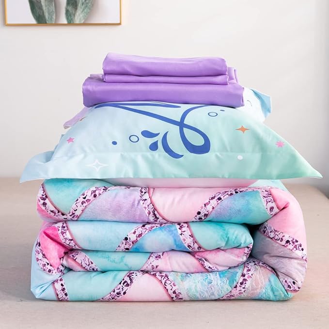 Wajade Kid Mermaid Scale Comforter Bedding Set Queen Size, Colorful Rainbow 3D Fish Scale 7 Pieces Soft Bedding Sets with Comforter, Sheet, Pillowcase and Sham for Girls