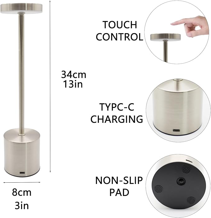 2 Pack Cordless Table Lamp Rechargeable 5000mAh Battery Operated Portable LED Desk Lamp 3 Color Temperature Stepless Dimming for Bedroom Restaurant Coffee Shop Party (Silver)