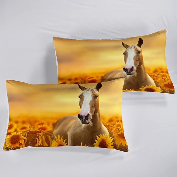 Horse Comforter Twin Size,Sunflower Horse Comforter Set for Kids Teens Girls Boys,3Pcs Bedding Set Printed Comforter with 2 Pillowcases,Soft and Lightweight，Twin Size
