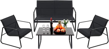 4 Pieces Patio Furniture Set Outdoor Patio Conversation Sets Poolside Lawn Chairs with Glass Coffee Table Porch Furniture for Courtyard, Garden and Balcony (Black)