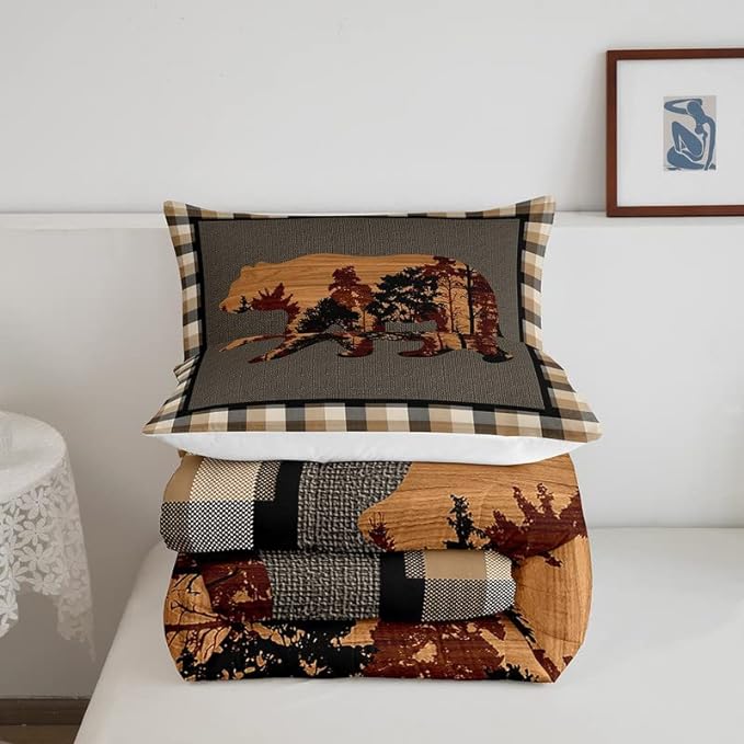 Cute Bear Comforter Set Wild Animal Bedding Set for Teens Nature Wildlife Bear Bedding Set Western Farmhouse Orange Grey Duvet Set Room Decor King Size Duvet Set 3Pcs Boys