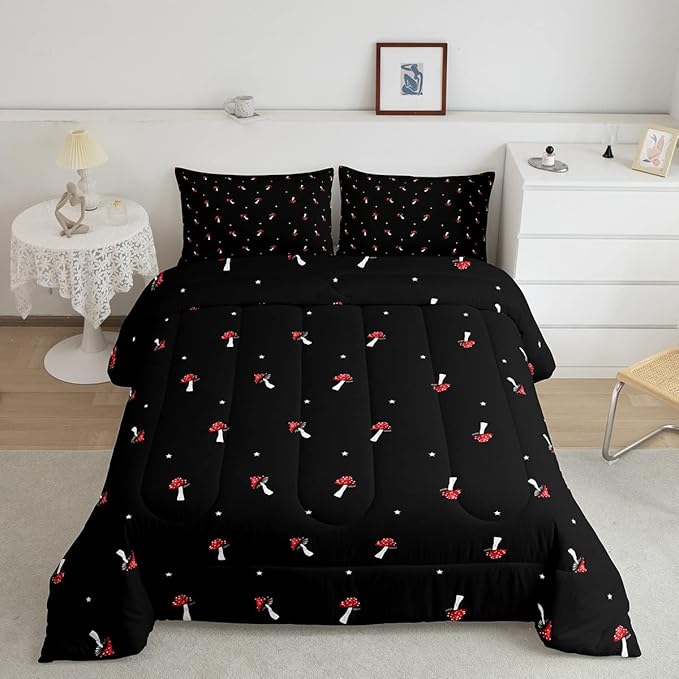 Cute Mushroom Comforter Set Full Size Kid Cartoon Bedding Set Red Mushroom Kawaii Reversible Duvet Set Types of Mushrooms Comforter Cute Wild Species Comforter Set for Bedroom Decor, Black
