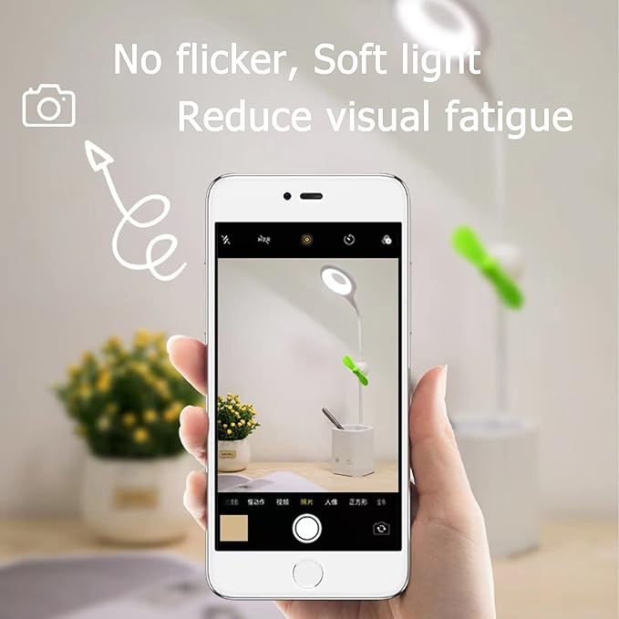 Led Desk Lamps, Small Cute Desk Lamp with 3 Lighting Modes, Modern Desk Ring Night Light with Pen Holder and Green Mini Fan for Home Office Bedroom
