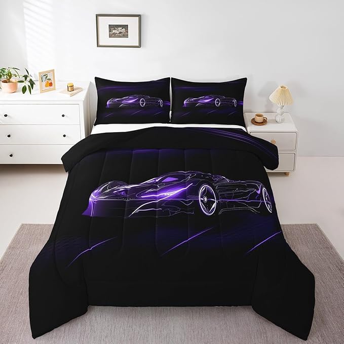 Feelyou Dull Purple Race Car Bedding Set Full Size for Kids Boys Extreme Sport Games Comforter Set Teens Toddler Fast and Furious Duvet Set Cool Modern Quilt Set 3Pcs