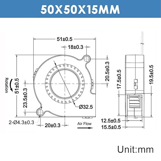 WINSINN 50mm 5015 Blower Fan 12V, 3D Printer 24 Volt Fans Blower Turbine Turbo Dual Ball Bearing, Brushless Cooling 50mmx15mm 2PIN (Pack of 4Pcs)