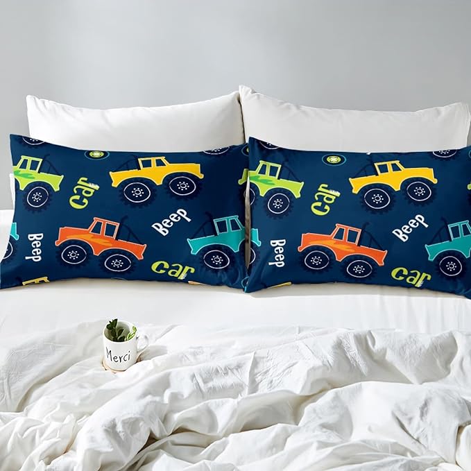 Feelyou Cartoon Car Bedding Set Construction Kids Comforter Set Boys Equipment Trucks Decor Comforter Cartoon Car Excavator Tractor Duvet Set Quilt King Boys