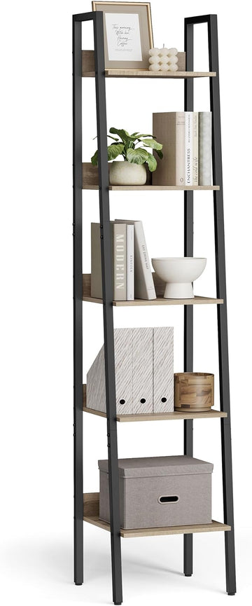 VASAGLE Bookshelf, 5-Tier Narrow Bookcase, Ladder Shelf for Home Office, Living Room, Bedroom, Kitchen, Camel Brown and Black ULLS109B50V2
