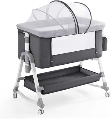 4 in 1 Baby Bassinet,Easy Folding Portable Bedside Crib with Comfy Mattress and Wheels,Height Adjustable Bassinet with Mosquito net Included,Grey