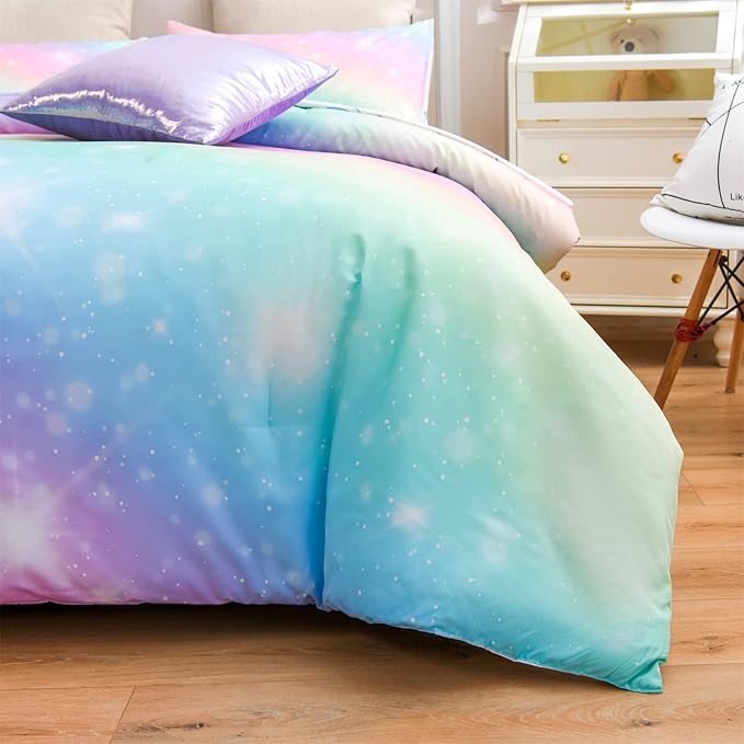 A Nice Night 6Pcs Gradient Glitter Bedding Set for Girls, Colorful Rainbow Galaxy Comforter Set, Ultra Soft Bedding Sets (Pink,Queen 6Pcs)