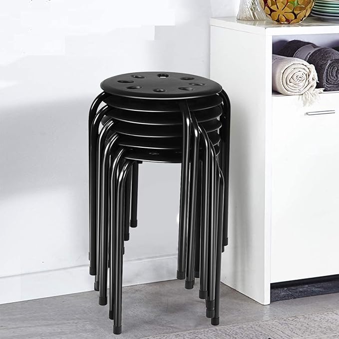 Hysache Plastic Stackable Stools Set of 6, 17.5" Multipurpose Stool Chairs w/Metal Frame, X-Shape Connection, Non-Slip Feet, Backless School Classroom Nesting Stool for Students Child Kids (Black)