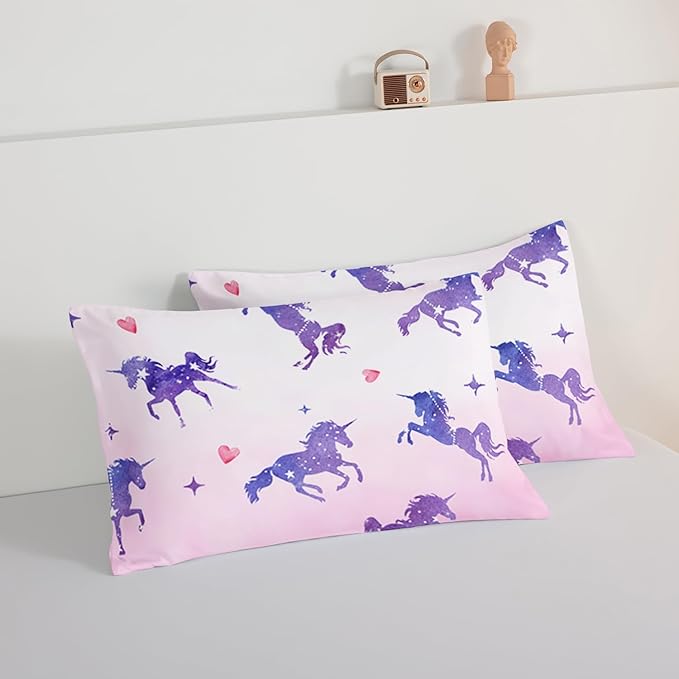 HOSIMA Kawaii Unicorn Comforter,Purple Unicorn with Stars and Love Heart Princess Toddler Bedding Set-Soft Microfiber Queen Comforter Set,Fairycore Room Decor Pink Comforter with 2 Pillowcases.