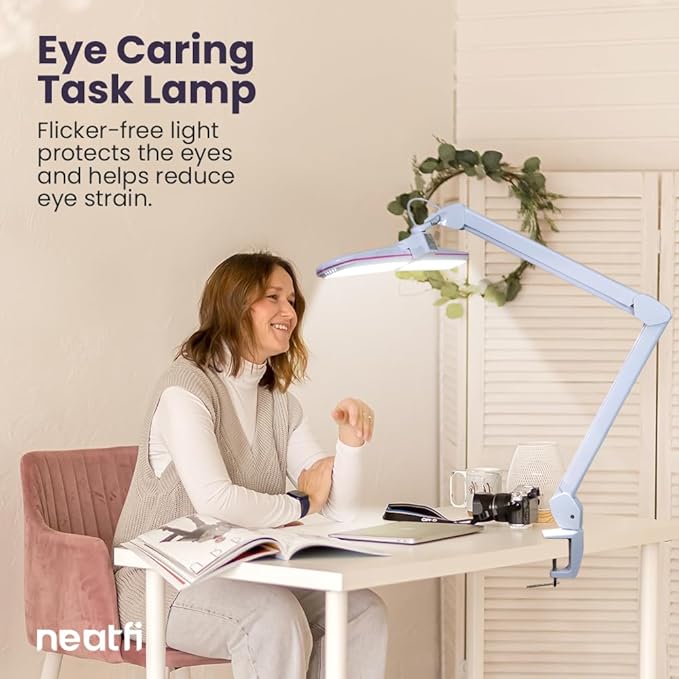 Neatfi Elite HD XL Task Lamp, 3 Light Modes, 90PCS SMD LED, Super Bright Desk Lamp, Eye-Caring LED Lamp, Non-Polar Dimming, Adjustable Brightness Levels (CCT with Clamp, Pink Ring, 17 Inches)
