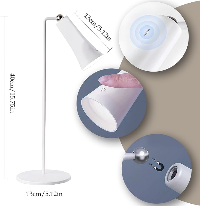 Wireless Rechargeable Desk Lamp LED Cordless Table Light Adjustable Direction Home Touch Table lamp 3 Brightness Eye-Caring Sensitive Control Bedside Light Removable Ambiance for Office Home Study