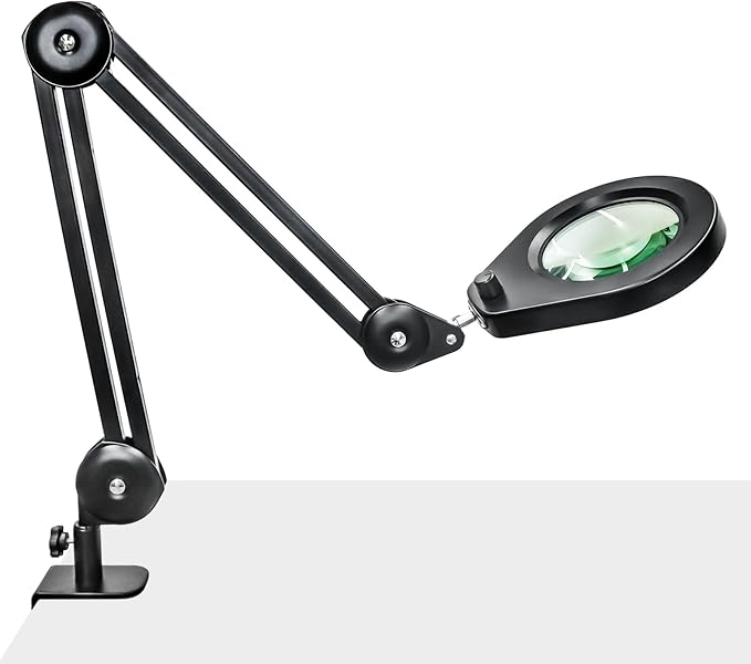 Magnifying Lamp, 10X Illuminated Magnifier Lamp with Internal Spring Swing Arm and Desk Edge Clamp