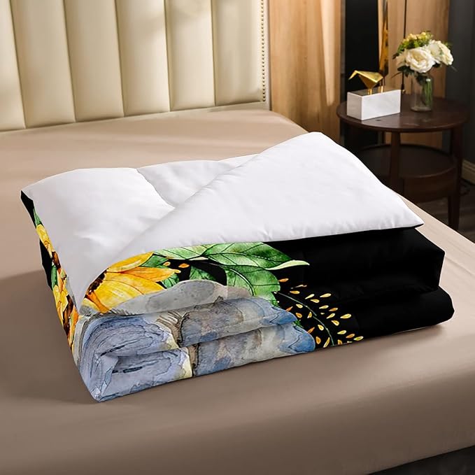 Elephant Comforter Set, Yellow Sunflower Down Comforter Queen Size for Kids Girls Teens Adult Bedroom Decor, African Safari Animal Duvet Sets Floral Petal Country Bedding Set with 2 Pillow Cases