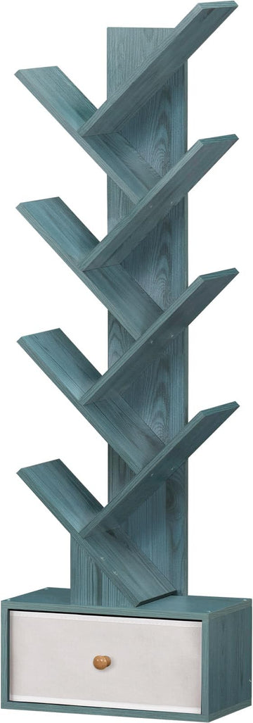 8 Tier Tree Bookshelf with Drawer, Free Standing Wood Bookcase for Narrow Space, Storage Organizer Bookshelves for Books, Book Case for Home Office, Living Room, Bedroom, Navy Blue