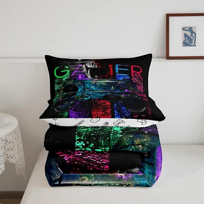 Gamer Bedding Sets for Boys, Gaming Down Comforter Twin Size, Gamer Room Decor Bedding Kids Video Games Comforter Set, Sugar Skull Gamepad Bed Duvet Sets for Men Bedroom,with 1 Marble Pillow Sham