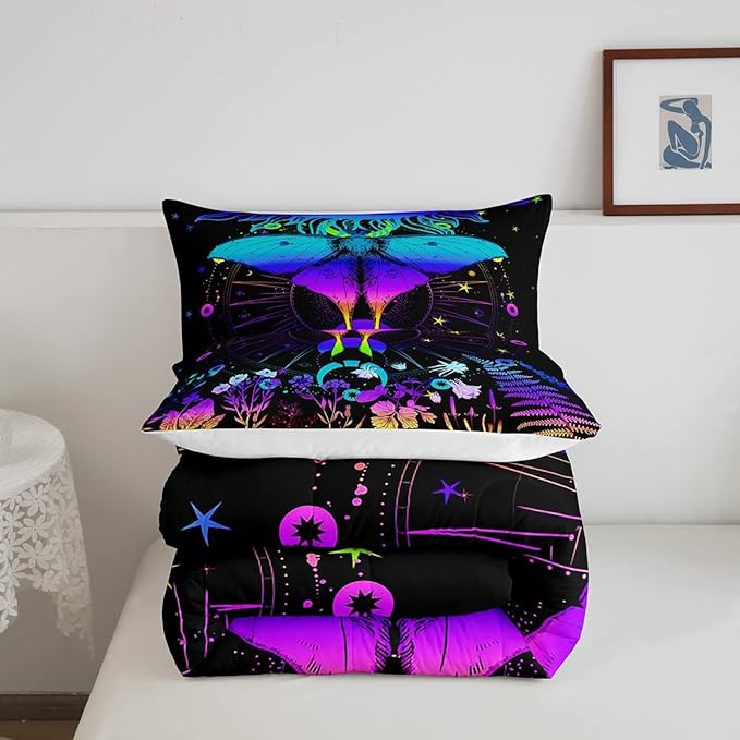 Erosebridal Moth Comforter Set Hippie Psychedelic Sun and Moon Bedding Set Twin,Purple Blue Ombre Galaxy Floral Botanical Comforter for Girls Teens Women Stars Planet Quilt Duvet 1 Pillowcase