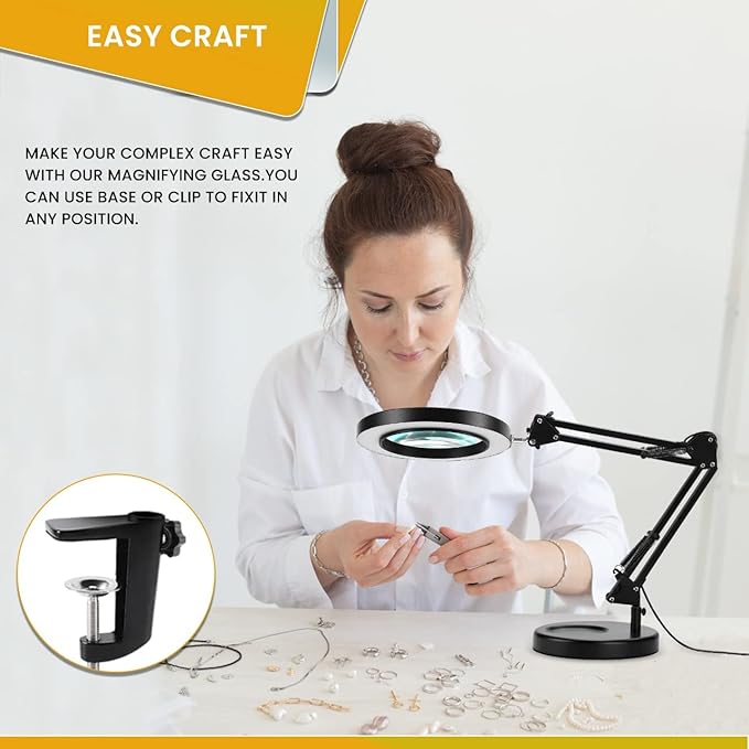 Magnifying Glass with Light and Stand - 2-in-1 Stepless Dimmable LED Magnifying Desk Lamp with Clamp - 3 Color Modes Lighted Magnifier Lens Swivel Arm Light for Reading, Craft, Close Works