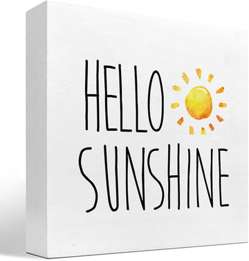 Hello Sunshine Wood Box Sign Decor Desk Sign,Farmhouse Rustic Summer Sunshine Wooden Box Block Sign for Home Office Shelf Table Decor Decorations
