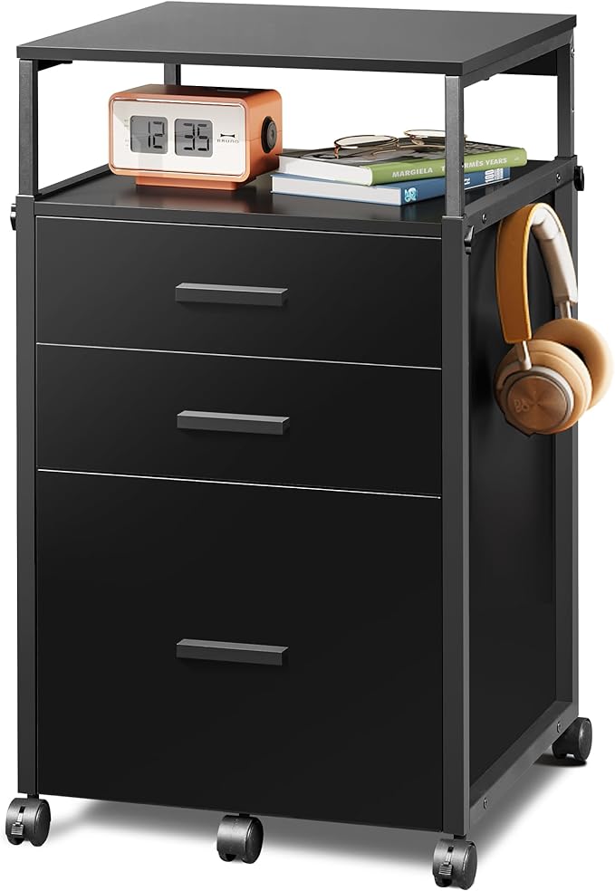 DEVAISE File Cabinet with Storage Drawers, Rolling Printer Stand with Adjustable Shelves, Wood Filing Cabinet for Home Office, Black