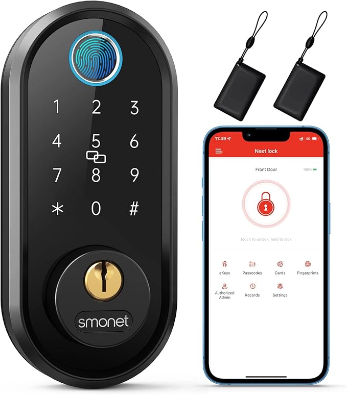 Smart Lock, SMONET Fingerprint Door Lock Smart Deadbolt Keyless Entry - Electronic Digital Keypad with Biometric Fingerprint, Smartphone App Auto Lock Bluetooth Keys Fobs Smartlock for Alexa, Home