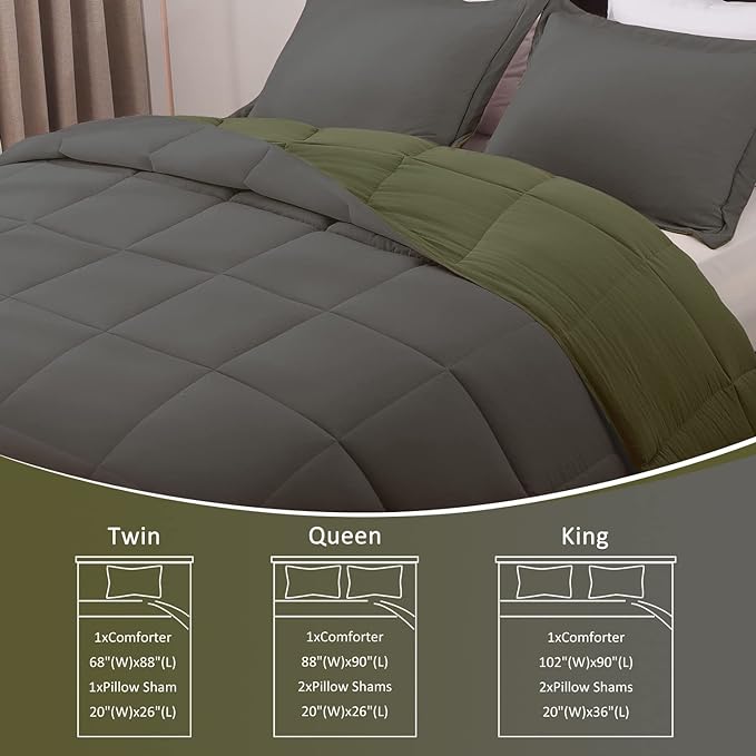 Basic Beyond Queen Comforter Set - Fluffy Comforter Queen Set for All Seasons - Reversible Olive Green Queen Comforter Set for Mens - 3 Pieces (1 Comforter + 2 Pillow Shams) - Olive Green/Drak Gray