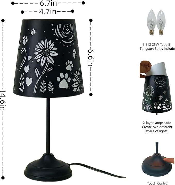 Touch Mini Table Lamp, Dimmable Touch Bedside Lamp, Black Metal Cutout Lampshade, Decoration Desk Lamp
