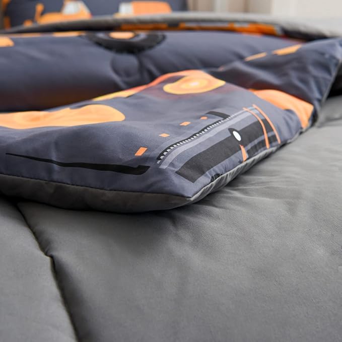 NTBED 5 Pieces Construction Truck Comforter Set for Boys Kids Vehicles Excavator Cars Lightweight Microfiber Bedding Sets (Grey, Twin)