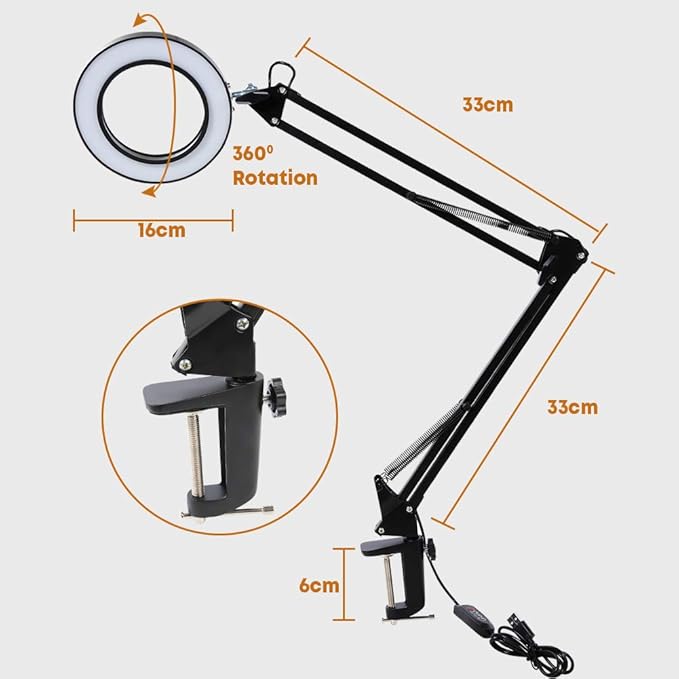 8X Magnifying Glass LED Light with Clamp, 12W Dimmable Magnifier Desk Lamp with 3 Light Colors 10 Brightness, 6.3″ Real Glass Lens, Adjustable Swivel Arm Magnifier Light for Reading Close Work Craft