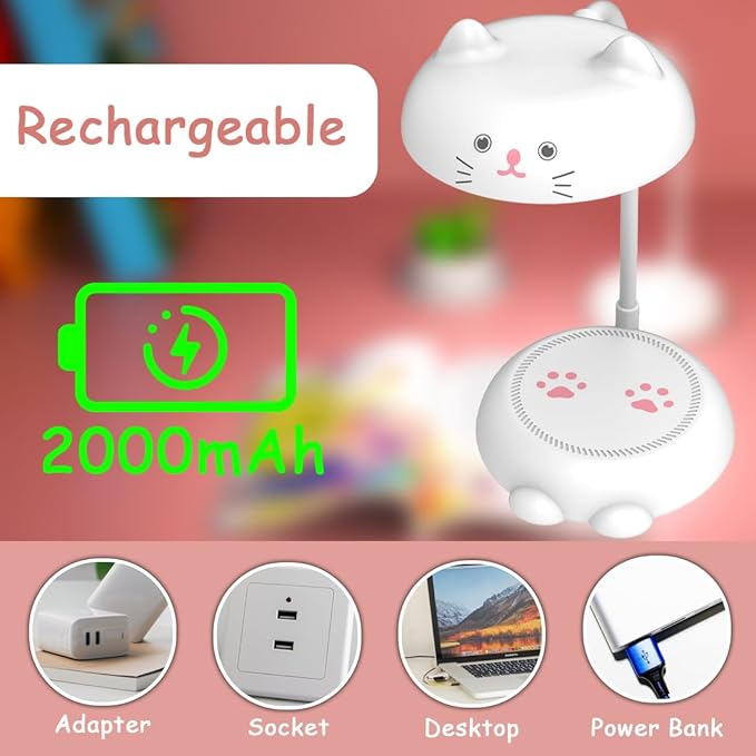 Cute Small Desk Lamp for Kids, Eye-caring Desk Light LED Reading Lamp, 3 Color Dimmable & 45min Timer, Battery Powered Cordless Lamp Rechargeable, Flexible Gooseneck Battery Operated Table Lamp, Cat