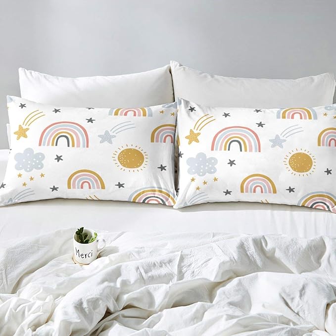 Erosebridal Girls Rainbow Bedding Set, Sun and Stars Comforter Set Full Size for Kids Boys Children Cartoon Style Cloud Bedding Comforters Girly Soft Microfiber Duvet Insert for Bedroom Decor
