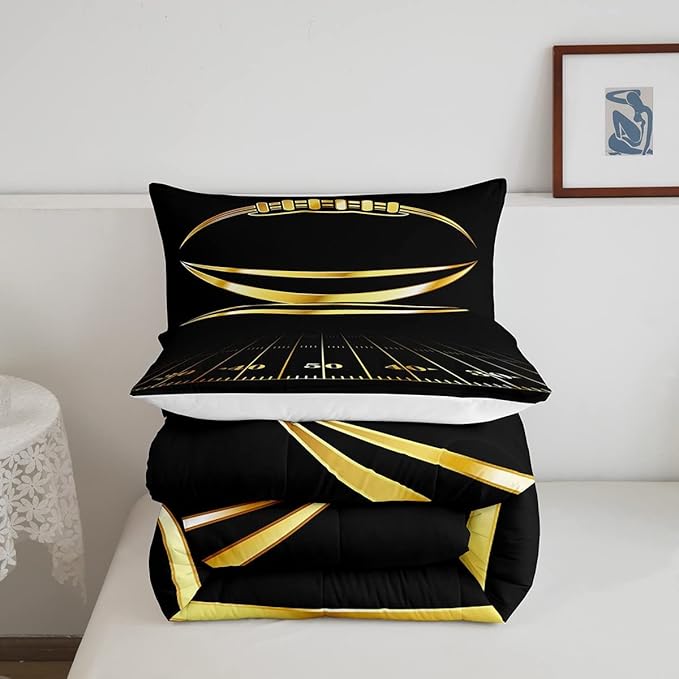 Feelyou Football Bedding Set Queen Kids Rugby Sports Comforter Set American Football Comforter Set for Boys Golden Black Room Decor Lightweight Quilt Set with 2 Pillow Case