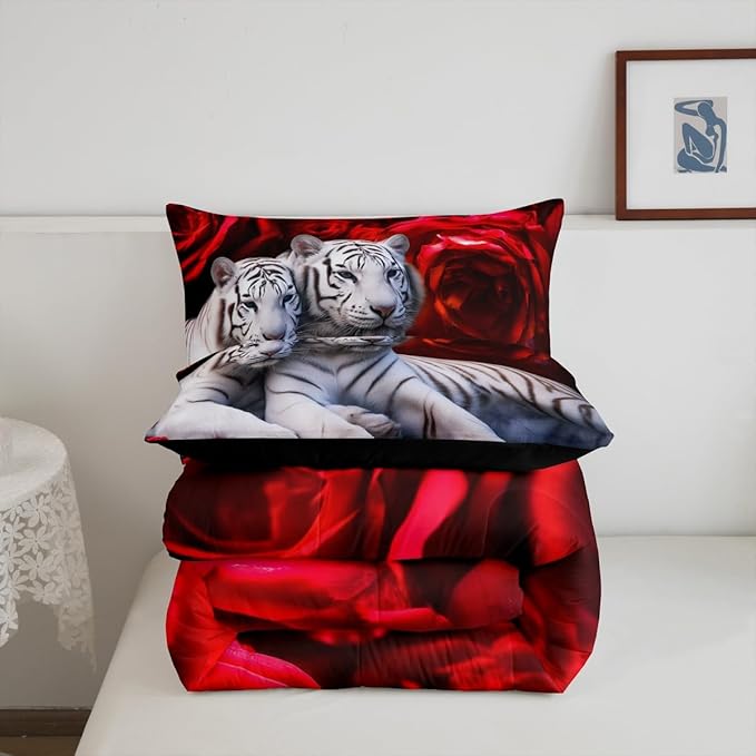 Tiger Comforter Set Queen, Red Rose Down Comforter Kids Girls Women,Red Image of Large Cat Playing with Water Cool Nature Animal Quilted Duvet Insert Gorgeous Floral Flower Bedding Comforters,Brown