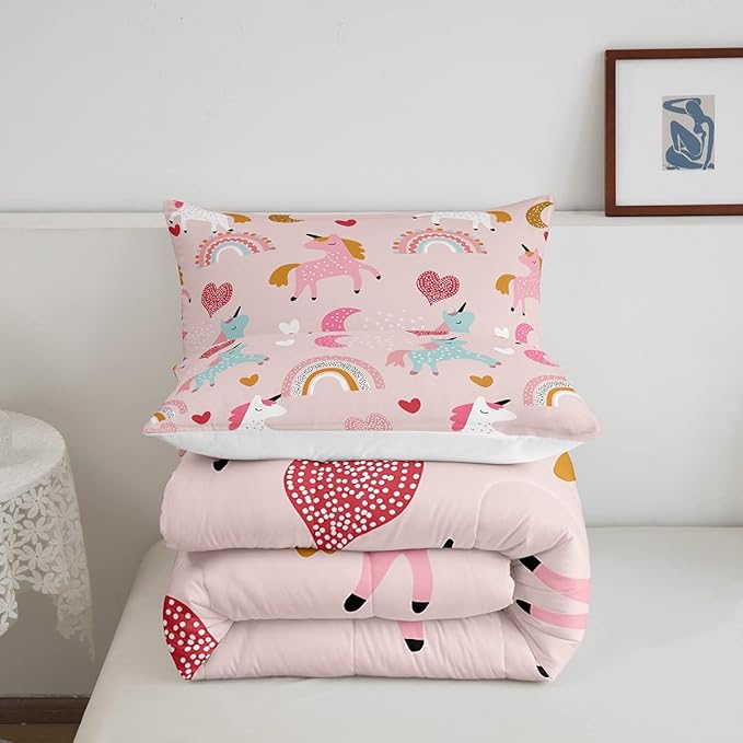 Feelyou Unicorn Comforter Set Kids Cute Cartoon Unicorns Decor Comforter for Girls Pink Bedding Set Rainbow Duvet Set Twin Size Quilt Boys