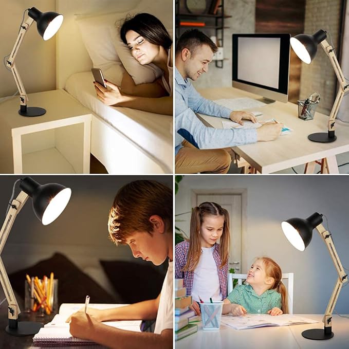 DLLT Swing Arm Desk Lamp, Wood Adjustable Gooseneck Table Lamp, Modern Architect Desk Light, Reading Light for Work, Study, Bedroom, Home Office, College Dorm, Black Metal Shade, E26 Bulb Included