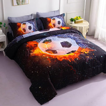 Wajade Football Soccer Comforter Set Bed in A Bag Full Size 3D Galaxy Soccer Ball Sports Bedding Set for Boys Kids (1 Comforter, 1 Flat Sheet, 1 Fitted Sheet, 2 Pillowcase and 2 Pillow Sham)