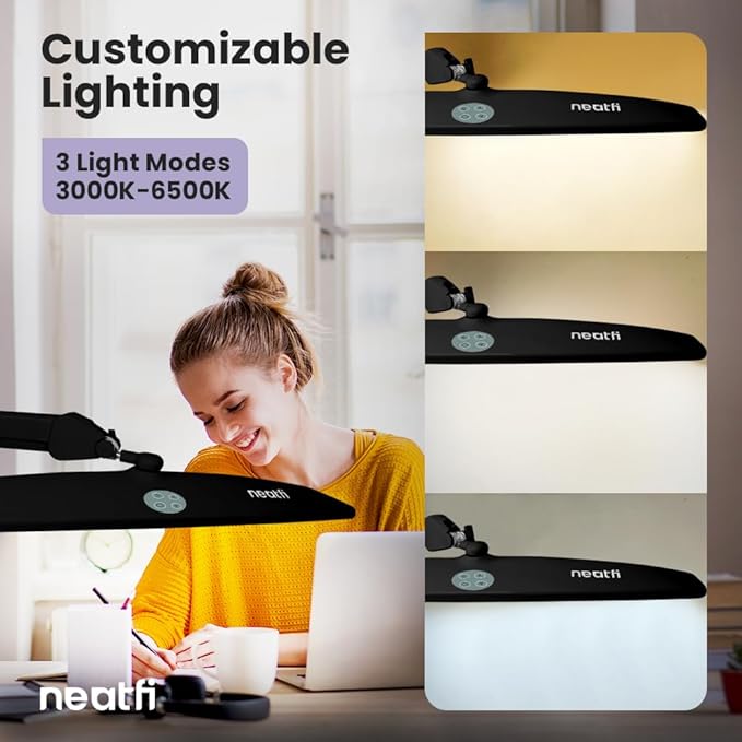 Neatfi Elite HD XL Task Lamp, 3 Adjustable Light Modes, 22 Inches Wide, 2260 Lumens, 84PCS SMD LED, Super Bright Desk Lamp, Non-Polar Dimming (CCT with Clamp, Black, 22 Inches)