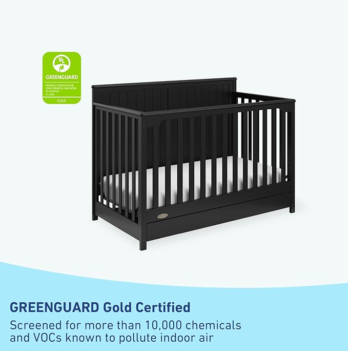 Graco Hadley 5-in-1 Convertible Crib with Drawer (Black) – Combo, Includes Full-Size Nursery Storage, Converts from Baby Crib to Toddler Bed, Daybed
