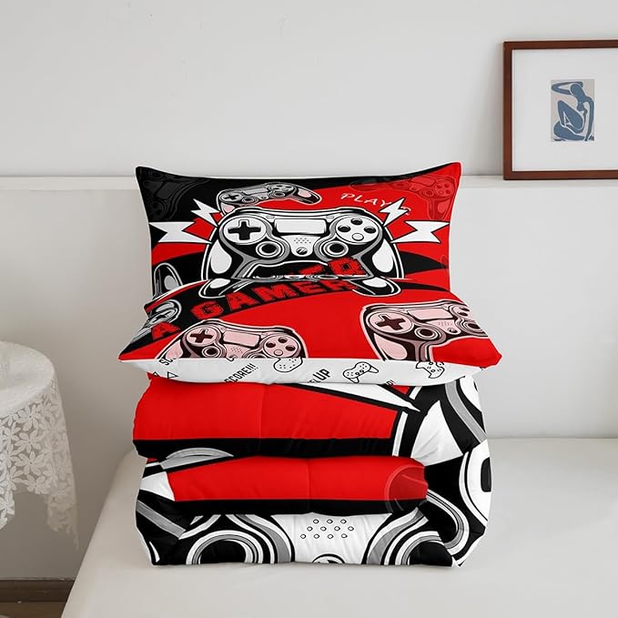 Erosebridal Gaming Bedding Sets for Boys Gamer Comforter Set Queen Size,Video Gaming Bedding Set Game Console Kids Comforter Sets 3Pcs Gamer Room Decor,Red Black
