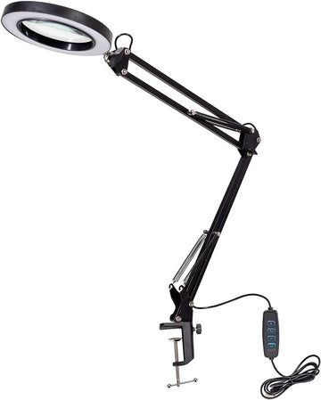 8X Magnifying Glass with Light, 3 Color Modes Stepless Dimmable 8-Diopter Real Glass Lens Magnifier with Light Desk Lamp Clamp Swivel Arm for Crafts Workbench