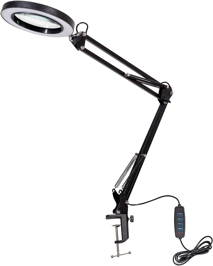 8X Magnifying Glass with Light, 3 Color Modes Stepless Dimmable 8-Diopter Real Glass Lens Magnifier with Light Desk Lamp Clamp Swivel Arm for Crafts Workbench