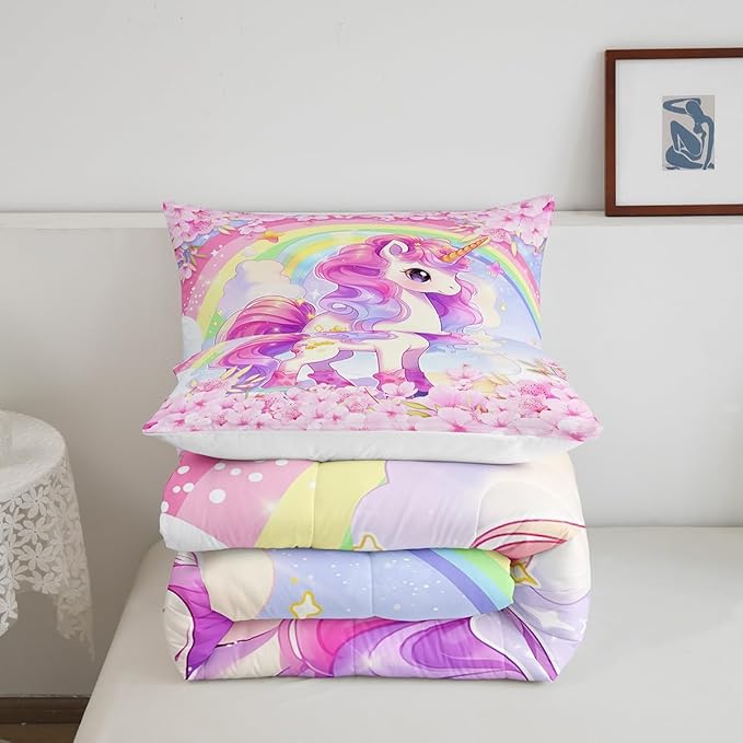 Cartoon Unicorn Kids Comforter Set Queen Size,Sakura Cherry Blossom Japanese Bedding Set,Girls Women Room Decor,Rainbow Unicorn Cute Down Comforter,Pink Purple Romantic Duvet Insert,2 Pillowcases