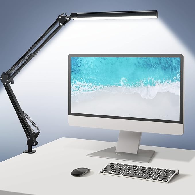 ODOM Adjustable Swing Arm Desk Lamps with Clamp, Upgraded 3 Color Modes 6 Brightness Stepless Dimming, Eye-Caring Memory Function Led Table Light for Home Office Reading Nail Desk, Black, 12W Adapter