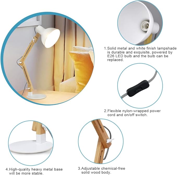 DINGLILIGHTING DLLT Swing Arm Desk Lamp, Wood Adjustable Gooseneck Table Lamp, Modern Architect Desk Light, Reading Light for Work, Study, Bedroom, Home Office, White Metal Shade, E26 Bulb Included