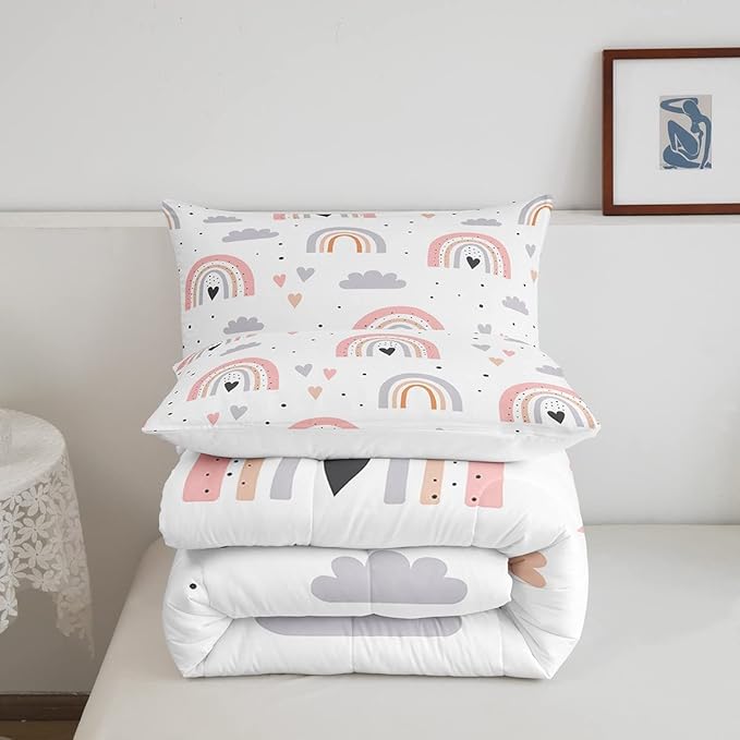 Rainbow Twin Bedding Sets For Girls, Kawaii Cloud Comforter Set 2 Pieces With 1 Pillow Case, Pink Love Heart Down Comforter For Kids Boys Women Adult, Hand Drawn Cartoon Rainbow Duvet Insert