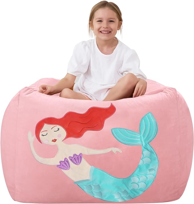 Aubliss Unicorn Stuffed Animal Storage Bean Bag Chair for Kids, Velvet Extra Soft Beanbag Chairs Cover, X-Large Stuffable Zipper Bean Bag for Organizing Plush Toys Girls Bedroom Decor, Pink