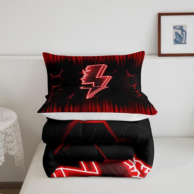 Feelyou Game Flash Bedding Set Twin Size Boys Girls Ombre Comforter Set for Kids Honeycomb Comforter Red Black Duvet Set Room Decor Quilt Set